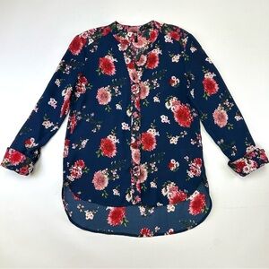 Kut from the Kloth navy red floral button down blouse Size XS Vneck French cuff